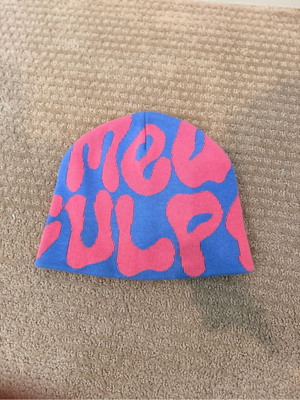 Mea Culpa Blue and Pink Graphic Knit Beanie